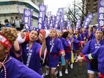 Women take part in a ritual event of naked festival, for the first time in its 1250 years of history, at Owari Okunitama Shrine in Inazawa, Aichi Prefecture, central Japan. (Reuters)
