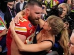 Kansas City Chiefs tight end Travis Kelce (87) embraces Taylor Swift after the NFL Super Bowl 58 football game against the San Francisco 49ers, Sunday, Feb. 11, 2024, in Las Vegas. The Chiefs won 25-22. (AP Photo/John Locher)