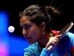 India's Ayhika Mukherjee in action during her women's singles group stage match against China's Sun Yingsha 