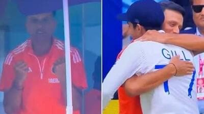 A jubiliant Indian cricket team coach, Rahul Dravid, hugs batter Shubman Gill after the team’s victory over England. (Screengrab) A jubiliant Indian cricket team coach, Rahul Dravid, hugs batter Shubman Gill after the team’s victory over England. (Screengrab)