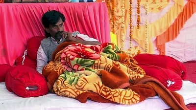 Maratha reservation activist Manoj Jarange Patil during his hunger strike demanding the implementation of the 'Sage Soyare' ordinance, on Wednesday. (ANI) Maratha reservation activist Manoj Jarange Patil during his hunger strike demanding the implementation of the 'Sage Soyare' ordinance, on Wednesday. (ANI)