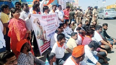 Earlier, Maratha protestors set a state transport bus on fire at Chhatrapati Shivaji Maharaj Chowk in Tirthpuri city, Ambad taluka, according to an official statement on Monday. (Nitin Lawate ) Earlier, Maratha protestors set a state transport bus on fire at Chhatrapati Shivaji Maharaj Chowk in Tirthpuri city, Ambad taluka, according to an official statement on Monday. (Nitin Lawate )