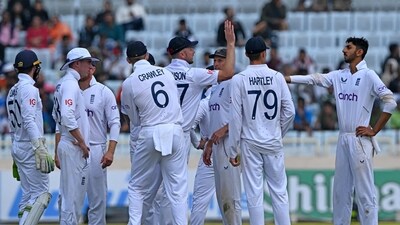 However, Shoaib Bashir got England going early in the second session by getting Jadeja and Sarfaraz Khan off consecutive deliveries. (AFP) However, Shoaib Bashir got England going early in the second session by getting Jadeja and Sarfaraz Khan off consecutive deliveries. (AFP)