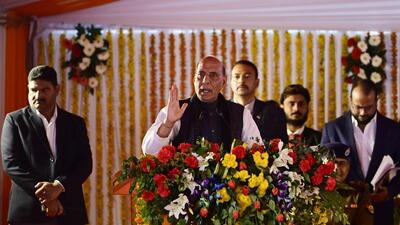 Defence minister Rajnath Singh speaking at a programme in Lucknow on Monday. (Deepak Gupta/HT Photo)