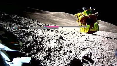 This handout photo shows the Smart Lander for Investigating Moon (SLIM) mission, after landing on the Moon on January 20. (AFP)