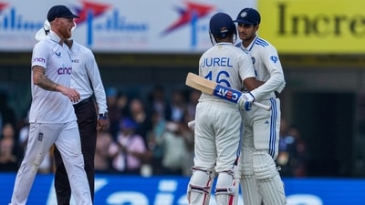 India's Shubman Gill greets Dhruv Jurel after India won the fourth Test against England; Ben Stokes looks on (AP) India's Shubman Gill greets Dhruv Jurel after India won the fourth Test against England; Ben Stokes looks on (AP)