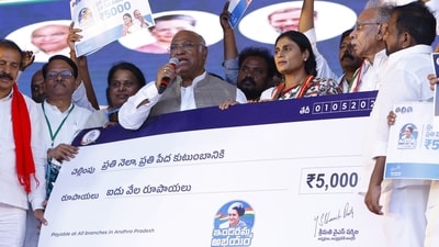 Congress president Mallikarjun Kharge has announced Indiramma Universal Basic Income Support of ₹5,000 per month to every poor family in Andhra Pradesh. (X(formerly Twitter)) Congress president Mallikarjun Kharge has announced Indiramma Universal Basic Income Support of ₹5,000 per month to every poor family in Andhra Pradesh. (X(formerly Twitter))
