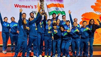 Indian women team celebrates after winning the Badminton Asia Team Championships with a 3-2 victory over Thailand in Selangor (PTI)