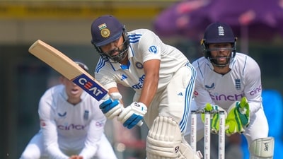 The opening duo of skipper Rohit Sharma and young gun Yashasvi Jasiwal threatened to take the game away within a blink of an eye after a slow start to the game. Rohit started to accelerate after he cleared the boundary line in James Anderson's over. Jaiswal joined the party as he followed up with a four. (PTI) The opening duo of skipper Rohit Sharma and young gun Yashasvi Jasiwal threatened to take the game away within a blink of an eye after a slow start to the game. Rohit started to accelerate after he cleared the boundary line in James Anderson's over. Jaiswal joined the party as he followed up with a four. (PTI)