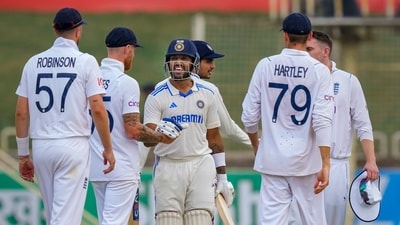 India's batter Dhruv Jurel greets England's players after the fourth Test. (PTI) India's batter Dhruv Jurel greets England's players after the fourth Test. (PTI)