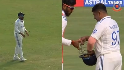 The image shows the moment when Rohit Sharma asked Sarfaraz Khan to wear a helmet. (Instagram/@delhi.police_official) The image shows the moment when Rohit Sharma asked Sarfaraz Khan to wear a helmet. (Instagram/@delhi.police_official)