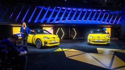 The new Renault R5 E-Tech electric model makes its global debut at a press day ahead of the Geneva International Motor Show on Monday. (AFP)