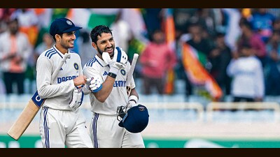 Shubman Gill (left) and Dhruv Jurel celebrate after their 52* and 39* helped India coast to a win against England. (AFP) Shubman Gill (left) and Dhruv Jurel celebrate after their 52* and 39* helped India coast to a win against England. (AFP)
