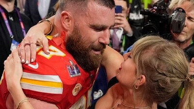 Kansas City Chiefs tight end Travis Kelce (87) embraces Taylor Swift after the NFL Super Bowl 58 football game against the San Francisco 49ers, Sunday, Feb. 11, 2024, in Las Vegas. The Chiefs won 25-22. (AP Photo/John Locher) (AP) Kansas City Chiefs tight end Travis Kelce (87) embraces Taylor Swift after the NFL Super Bowl 58 football game against the San Francisco 49ers, Sunday, Feb. 11, 2024, in Las Vegas. The Chiefs won 25-22. (AP Photo/John Locher) (AP)