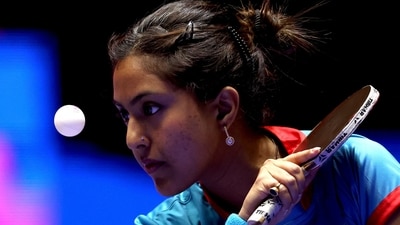 India's Ayhika Mukherjee in action during her women's singles group stage match against China's Sun Yingsha (REUTERS)