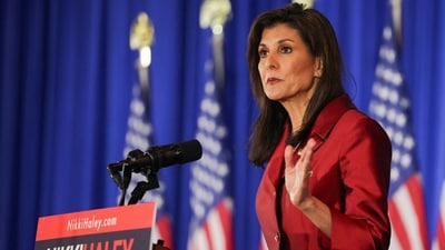 Republican presidential candidate and former U.S. Ambassador to the United Nations Nikki Haley speaks on stage at her watch party during the South Carolina Republican presidential primary election in Charleston, South Carolina, U.S. February 24, 2024. (REUTERS)