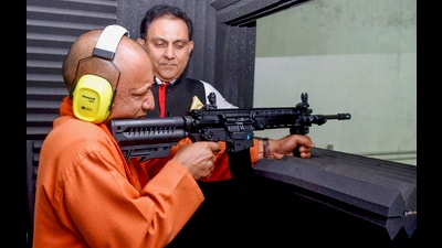 Uttar Pradesh Chief Minister Yogi Aditya Nath during the inauguration programme of the Defence Corridor Ammunition Manufacturing Complex of Adani Defence and Aerospace, in Kanpur, Monday. (PTI) Uttar Pradesh Chief Minister Yogi Aditya Nath during the inauguration programme of the Defence Corridor Ammunition Manufacturing Complex of Adani Defence and Aerospace, in Kanpur, Monday. (PTI)