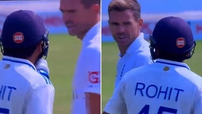 James Anderson and Rohit Sharma's exchange. (Screengrab) James Anderson and Rohit Sharma's exchange. (Screengrab)