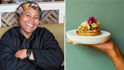 Adejoké Bakare and (R) Sinasir with mushroom purée, crushed walnuts, black garlic paste, cauliflower mushroom, pink pickled onions and grains of paradise. (Instagram) Adejoké Bakare and (R) Sinasir with mushroom purée, crushed walnuts, black garlic paste, cauliflower mushroom, pink pickled onions and grains of paradise. (Instagram)