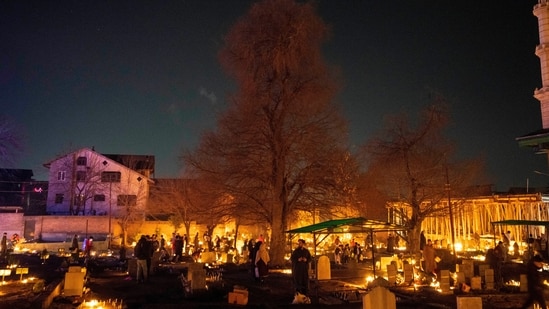 Muslims visit ancestral graveyards for the salvation of the souls of the departed and also believe that all sins will be forgiven by praying to Allah throughout the ‘Shab-e Barat’ night.(AP)