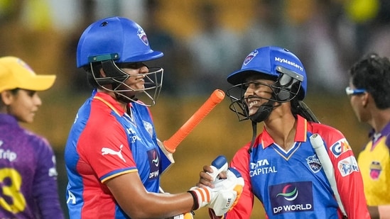 Delhi Capitals batters Shafali Verma and Jemimah Rodrigues celebrate after winning the Women's Premier League (WPL) match over UP Warriorz (PTI)