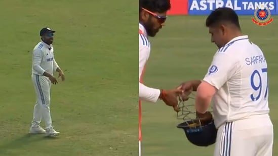 The image shows the moment when Rohit Sharma asked Sarfaraz Khan to wear a helmet. (Instagram/@delhi.police_official)
