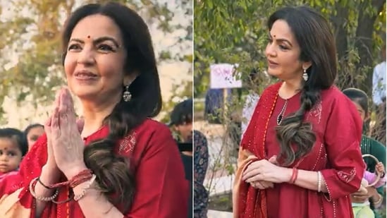 Nita Ambani in the temple complex in Jamnagar, Gujarat. (YouTube/Reliance Foundation)