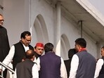 Samajwadi Party chief Akhilesh Yadav with party MLAs before casting his vote in the Rajya Sabha elections in Lucknow.