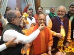 Uttar Pradesh chief minister Yogi Adityanath is felicitated after BJP clinched eight out of 10 seats in the Rajya Sabha elections. Uttar Pradesh chief minister Yogi Adityanath is felicitated after BJP clinched eight out of 10 seats in the Rajya Sabha elections.