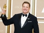 Brendan Fraser poses with the award for best performance by an actor in a leading role for The Whale in the press room at the Oscars 2023. Brendan Fraser poses with the award for best performance by an actor in a leading role for The Whale in the press room at the Oscars 2023.