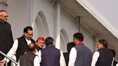 Samajwadi Party chief Akhilesh Yadav with party MLAs before casting his vote in the Rajya Sabha elections in Lucknow. (HT photo)