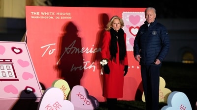 President Joe Biden and first lady Jill Biden look at Valentine's Day decorations on the North Lawn of the White House in Washington, Wednesday, Feb. 14, 2024. (AP) President Joe Biden and first lady Jill Biden look at Valentine's Day decorations on the North Lawn of the White House in Washington, Wednesday, Feb. 14, 2024. (AP)