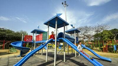 Children plat at MCD's first theme park in Greater Kailash N block on Tuesday. (Raj K Raj/HT Photo) Children plat at MCD's first theme park in Greater Kailash N block on Tuesday. (Raj K Raj/HT Photo)