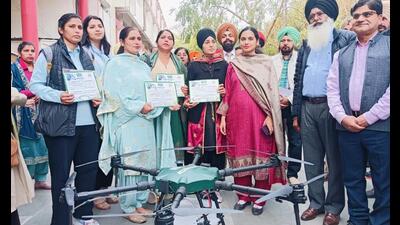 DC Sawhney hands over drones to four women, known as ‘Namo Drone Didis’ . (HT)