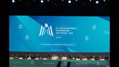Delegates attend the 13th World Trade Organisation Ministerial Conference in Abu Dhabi of February 26, 2025. The world's trade ministers gathered in the UAE on February 26 for a high-level WTO meeting with no clear prospects for breakthroughs, amid geopolitical tensions and disagreements. (AFP)