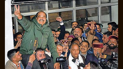 Harsh Mahajan celebrates after being elected as Rajya Sabha member at the assembly in Shimla on Tuesday (PTI) Harsh Mahajan celebrates after being elected as Rajya Sabha member at the assembly in Shimla on Tuesday (PTI)