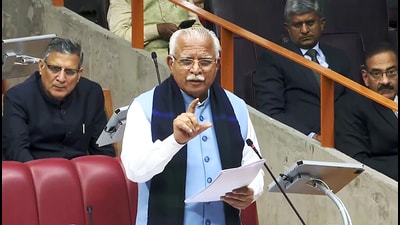 Haryana CM Manohar Lal Khattar speaks during the Budget Session of the state Vidhan Sabha, in Chandigarh on Tuesday. (ANI) Haryana CM Manohar Lal Khattar speaks during the Budget Session of the state Vidhan Sabha, in Chandigarh on Tuesday. (ANI)