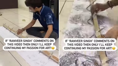 The image shows an artist creating various sketches of Ranveer Singh at the same time. (Instagram/@paulsartgallery98) The image shows an artist creating various sketches of Ranveer Singh at the same time. (Instagram/@paulsartgallery98)