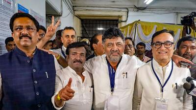 Karnataka deputy chief minister D K Shivakumar with newly-elected Congress Rajya Sabha MPs Syed Naseer Hussain, GC Chandrashekar, Ajay Makhan and others, at Vidhana Soudha in Bengaluru on Tuesday. (PTI) Karnataka deputy chief minister D K Shivakumar with newly-elected Congress Rajya Sabha MPs Syed Naseer Hussain, GC Chandrashekar, Ajay Makhan and others, at Vidhana Soudha in Bengaluru on Tuesday. (PTI)