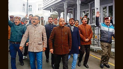 Leader of Opposition Jai Ram Thakur and BJP legislators staged a walkout from the assembly in Shimla on Tuesday, (Deepak sansta/HT) Leader of Opposition Jai Ram Thakur and BJP legislators staged a walkout from the assembly in Shimla on Tuesday, (Deepak sansta/HT)