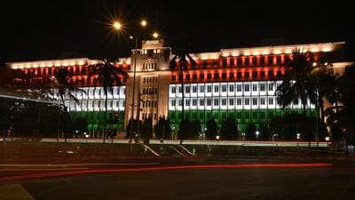 Mumbai, India - Jan. 22, 2024: Mantralaya illuminated in tri colour, on occasion of Lord Shri Ram Temple inauguration by PM Narendra Modi at Ayodhya, at Malabar Hills in Mumbai, India, on Monday, January 22, 2024. (Photo by Anshuman Poyrekar/ Hindustan Times) (Hindustan Times) Mumbai, India - Jan. 22, 2024: Mantralaya illuminated in tri colour, on occasion of Lord Shri Ram Temple inauguration by PM Narendra Modi at Ayodhya, at Malabar Hills in Mumbai, India, on Monday, January 22, 2024. (Photo by Anshuman Poyrekar/ Hindustan Times) (Hindustan Times)