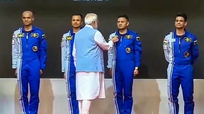 PM Modi reviewed the progress of Gaganyaan mission and bestowed 'astronaut wings' to the astronaut-designates at Vikram Sarabhai Space Centre. (PTI) PM Modi reviewed the progress of Gaganyaan mission and bestowed 'astronaut wings' to the astronaut-designates at Vikram Sarabhai Space Centre. (PTI)