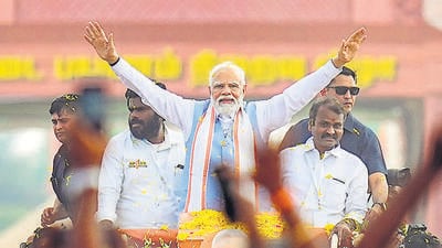Prime Minister Narendra Modi at a public meeting for the culmination of the BJP's ‘En Mann Ek Makkal’ padyatra near Palladam in Tirupur on Tuesday. (PTI) Prime Minister Narendra Modi at a public meeting for the culmination of the BJP's ‘En Mann Ek Makkal’ padyatra near Palladam in Tirupur on Tuesday. (PTI)