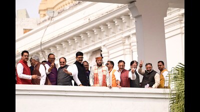 Samajwadi party MLAs Manoj Pandey, Rakesh Pratap Singh and Abhay Singh, along with UP Deputy CM Brajesh Pathak and minister Dayashankar Singh (Deepak Gupta/Hindustan Times) Samajwadi party MLAs Manoj Pandey, Rakesh Pratap Singh and Abhay Singh, along with UP Deputy CM Brajesh Pathak and minister Dayashankar Singh (Deepak Gupta/Hindustan Times)