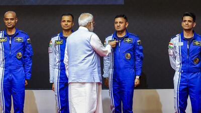 The astronauts were awarded “Antriksh Yatri Pankh” (astronaut wings) by the Prime Minister at a ceremony on Tuesday. (PTI) The astronauts were awarded “Antriksh Yatri Pankh” (astronaut wings) by the Prime Minister at a ceremony on Tuesday. (PTI)