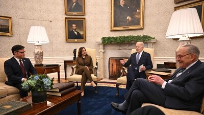 US President Joe Biden (2nd R) and Vice President Kamala Harris (2nd L) meet with House Speaker Mike Johnson (L), Senate Majority Leader Chuck Schumer (R) at the Oval Office of the White House in Washington, DC on February 27, 2024. (AFP) US President Joe Biden (2nd R) and Vice President Kamala Harris (2nd L) meet with House Speaker Mike Johnson (L), Senate Majority Leader Chuck Schumer (R) at the Oval Office of the White House in Washington, DC on February 27, 2024. (AFP)
