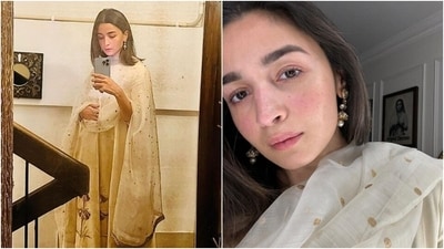 Alia Bhatt wears an off-white silk suit in these beautiful pictures. (Instagram) Alia Bhatt wears an off-white silk suit in these beautiful pictures. (Instagram)
