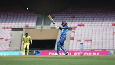 Pandya batted at No. 10 and saw off a tense chase along with Piyush Chawla. (DY Patil Sports Academy) Pandya batted at No. 10 and saw off a tense chase along with Piyush Chawla. (DY Patil Sports Academy)