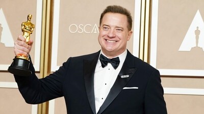 Brendan Fraser poses with the award for best performance by an actor in a leading role for The Whale in the press room at the Oscars 2023. Brendan Fraser poses with the award for best performance by an actor in a leading role for The Whale in the press room at the Oscars 2023.