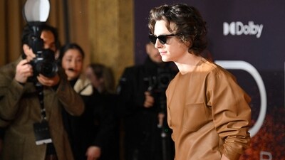 Timothee Chalamet arrives for the premiere. He plays lead Paul Atreides in the movie. Timothee arrived wearing an all-leather earth tones outfit. He amped up his look with black shades. (AFP) Timothee Chalamet arrives for the premiere. He plays lead Paul Atreides in the movie. Timothee arrived wearing an all-leather earth tones outfit. He amped up his look with black shades. (AFP)